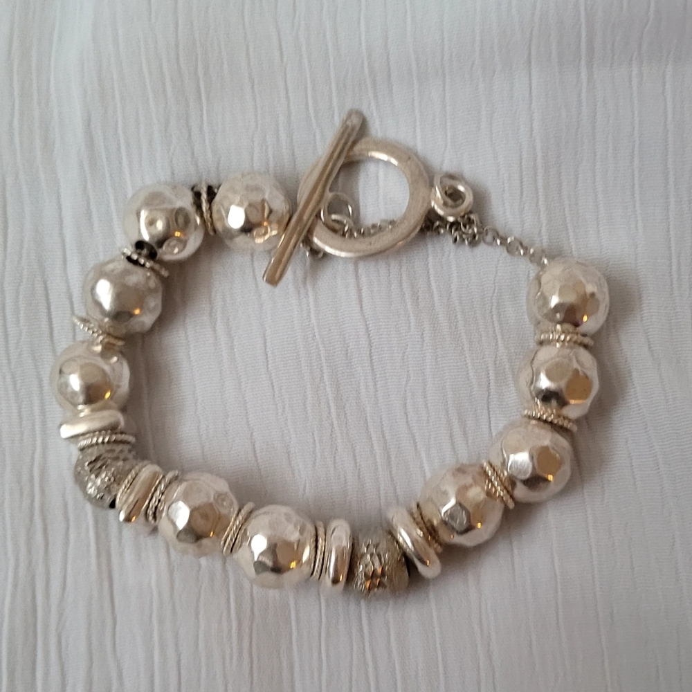 925 Sterling Silver Hammered Beaded Toggle Bracelet - Women Jewelry